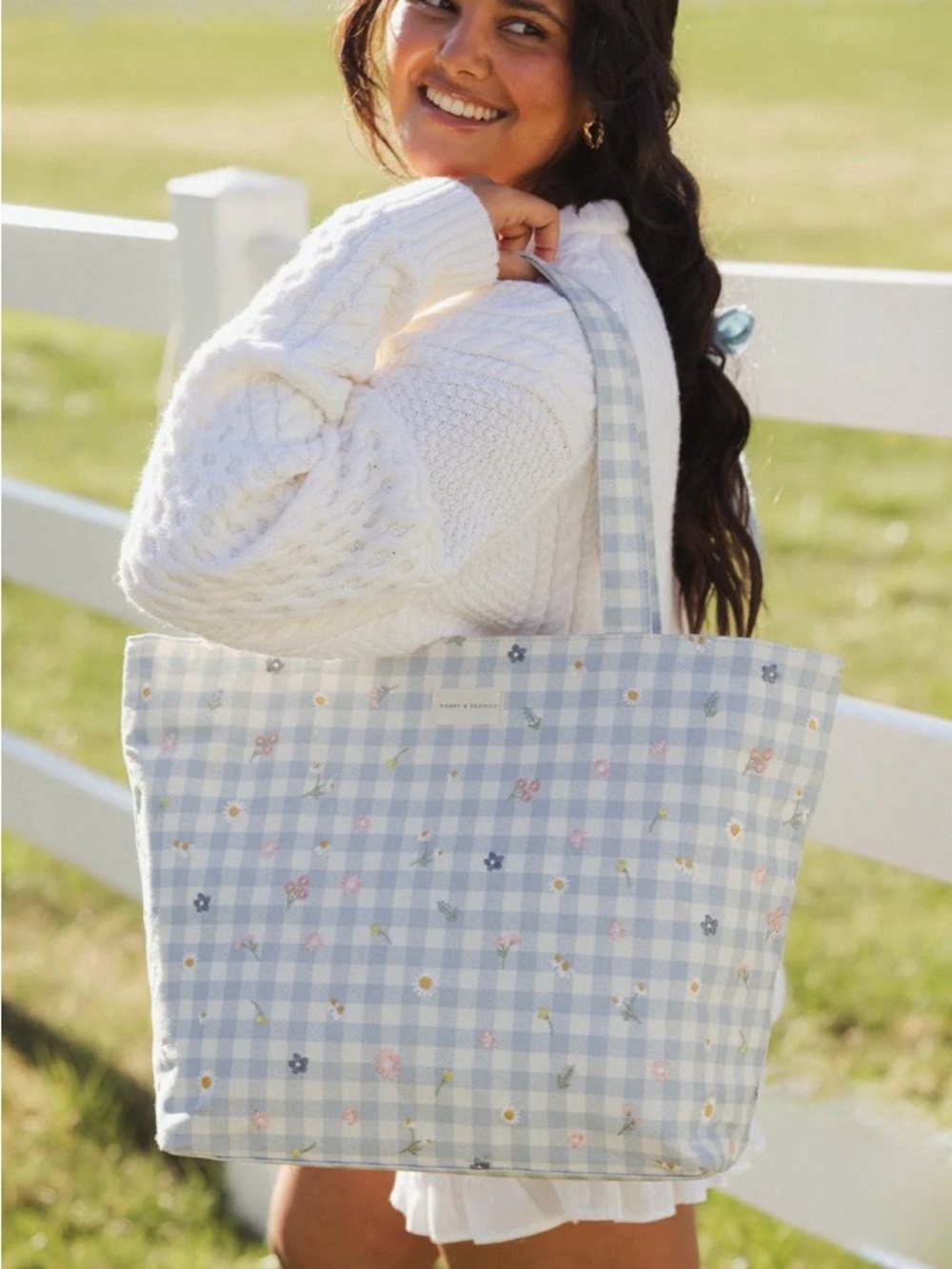 Poppy & Peonies Blue Gingham Tote - Picture 4 of 6